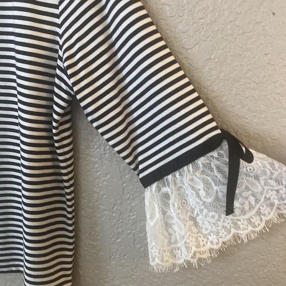 Karl Lagerfeld Lace Sleeves Striped Knit Top - Picture 9 of 12